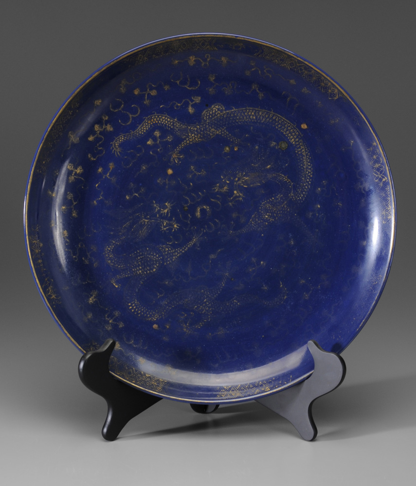 Appraisal: Very Large Blue-Glazed and Gilt- Decorated Porcelain Charger Chinese probably