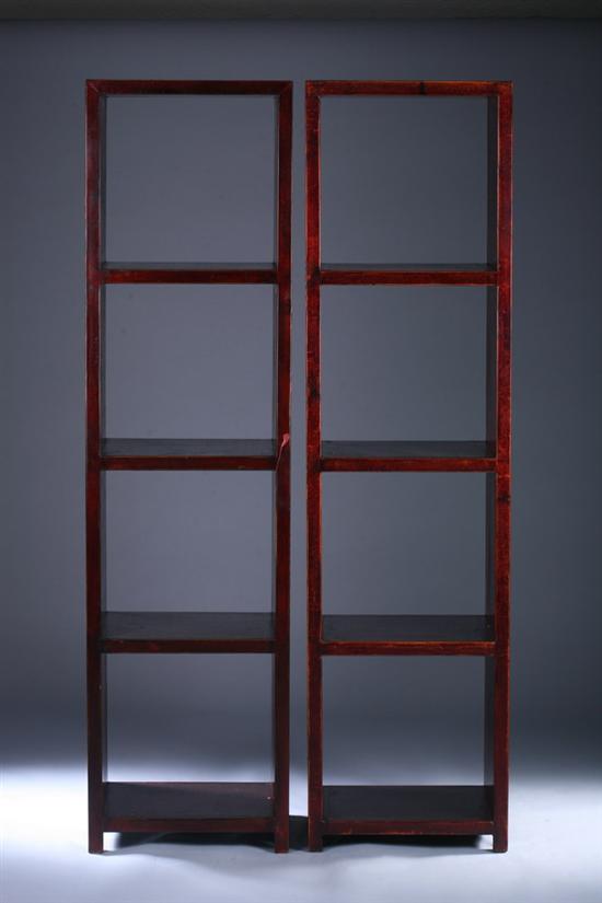 Appraisal: PAIR CHINESE LACQUERED ELMWOOD BOOK SHELVES Of rectangular outline with