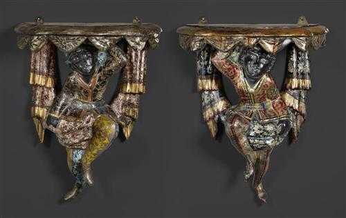 Appraisal: PAIR OF SMALL PAINTED HANGING CONSOLES late Louis XV Venice