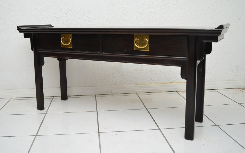 Appraisal: CENTURY FURNITURE DRAWER ORIENTAL SOFA TABLE Ebonized with applied upturned