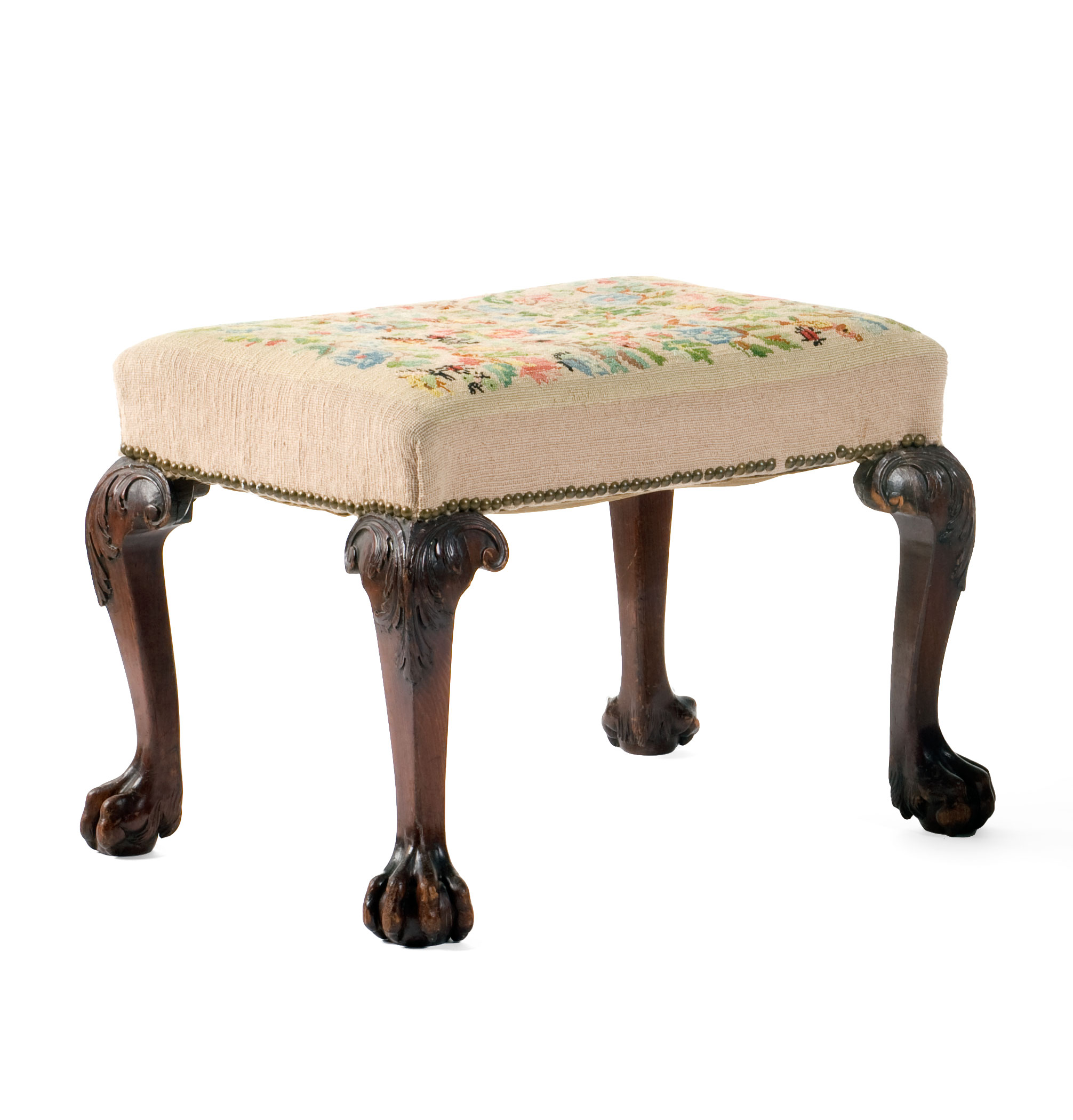 Appraisal: ENGLISH CHIPPENDALE CARVED MAHOGANY FOOTSTOOL The over-upholstered rectangular seat raised