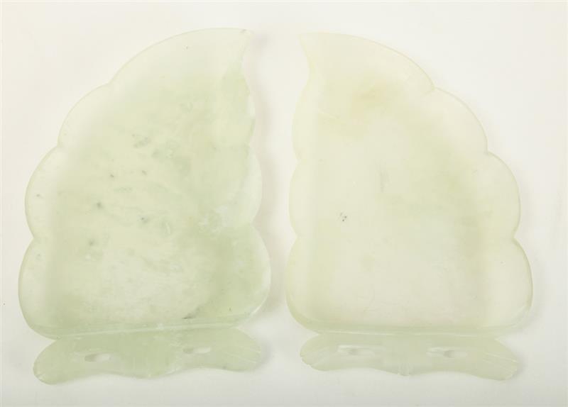 Appraisal: PAIR OF CHINESE PALE GREEN JADE LEAF-FORM DISHES Each with