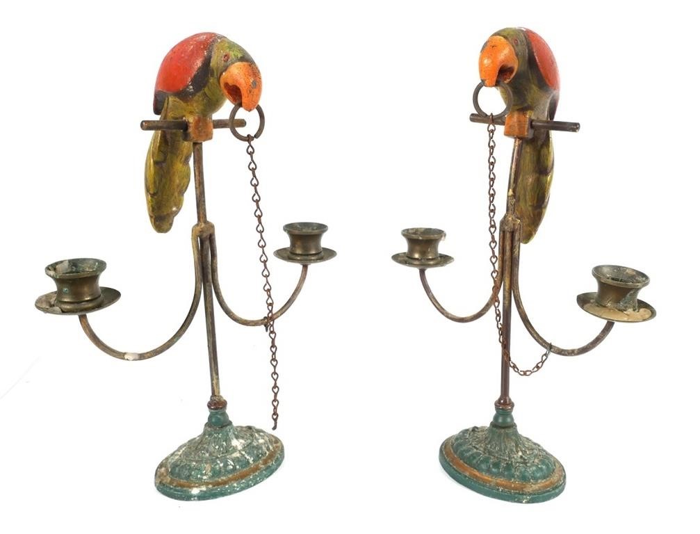 Appraisal: Painted metal candelabra with perched parrots Measure - high Some