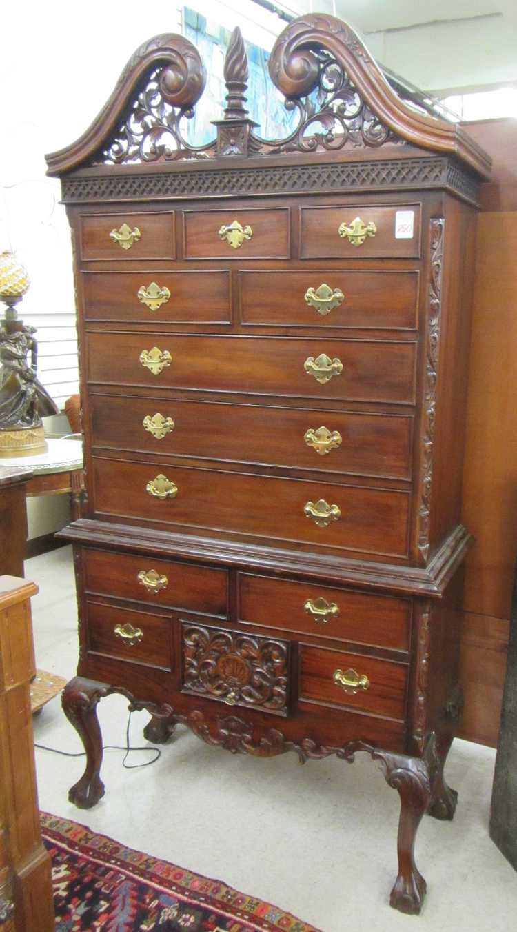 Appraisal: CHIPPENDALE STYLE CARVED MAHOGANY HIGHBOY CHEST-ON-STAND Philadelphia type having an