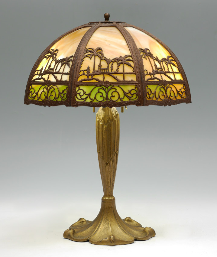 Appraisal: PALM TREE FILIGREE SLAG GLASS LAMP Patinated gold decorated cast