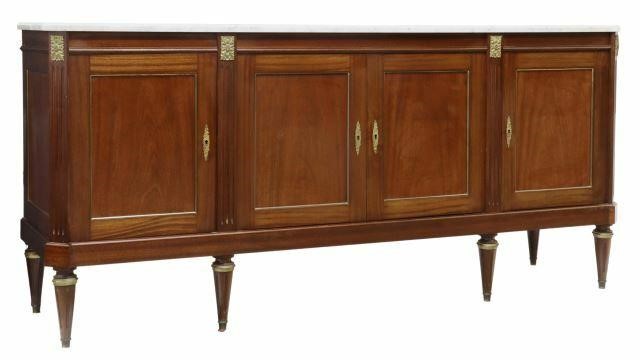 Appraisal: French Louis XVI style marble-top mahogany sideboard th c fitted