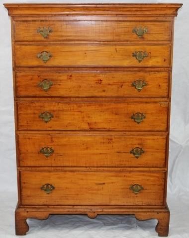 Appraisal: EARLY TH C FIGURED MAPLE DRAWER TALL CHESTWITH APPLIED BRACKET