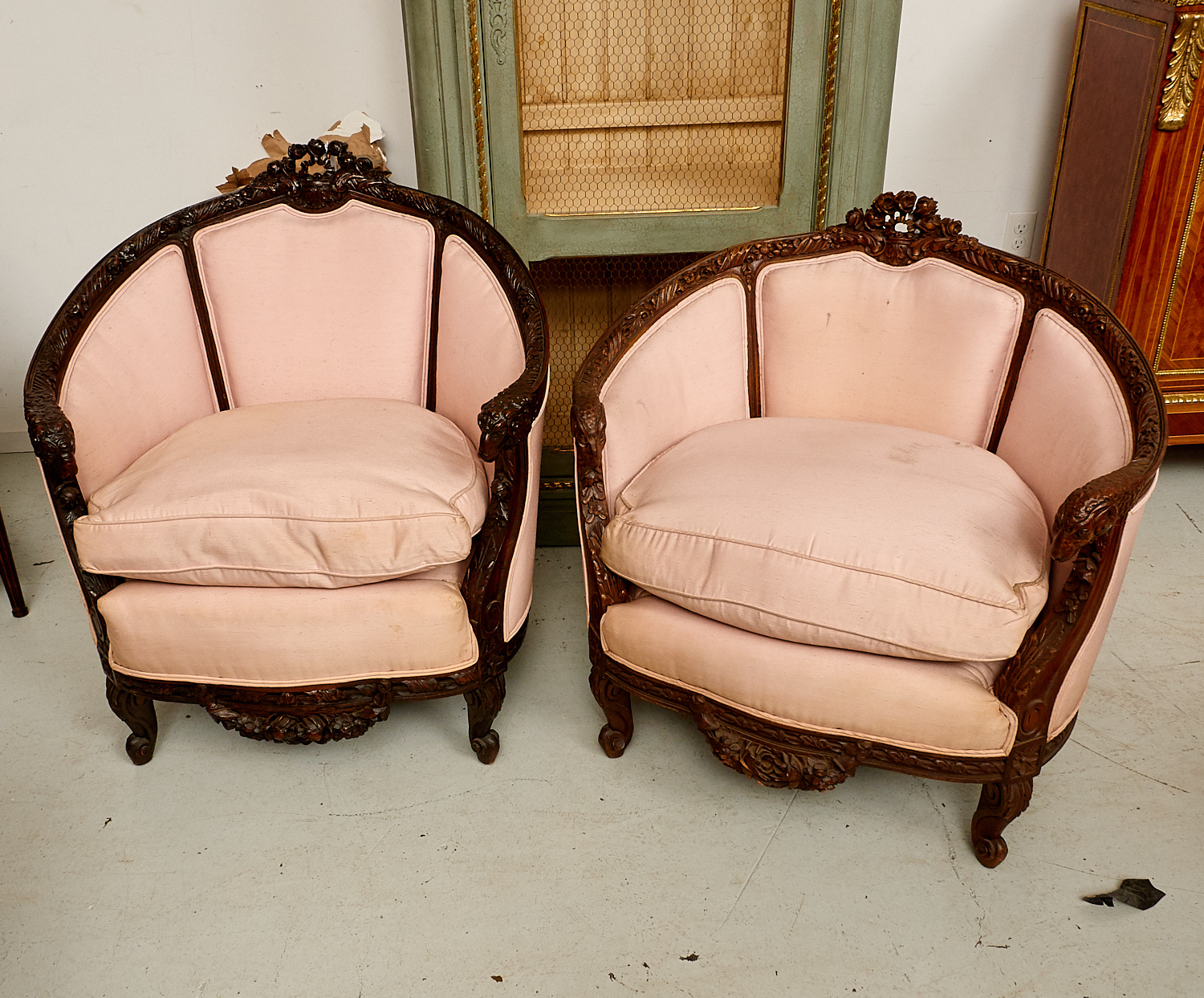 Appraisal: NEAR PAIR LOUIS XV STYLE CARVED WALNUT BERGERES Late th