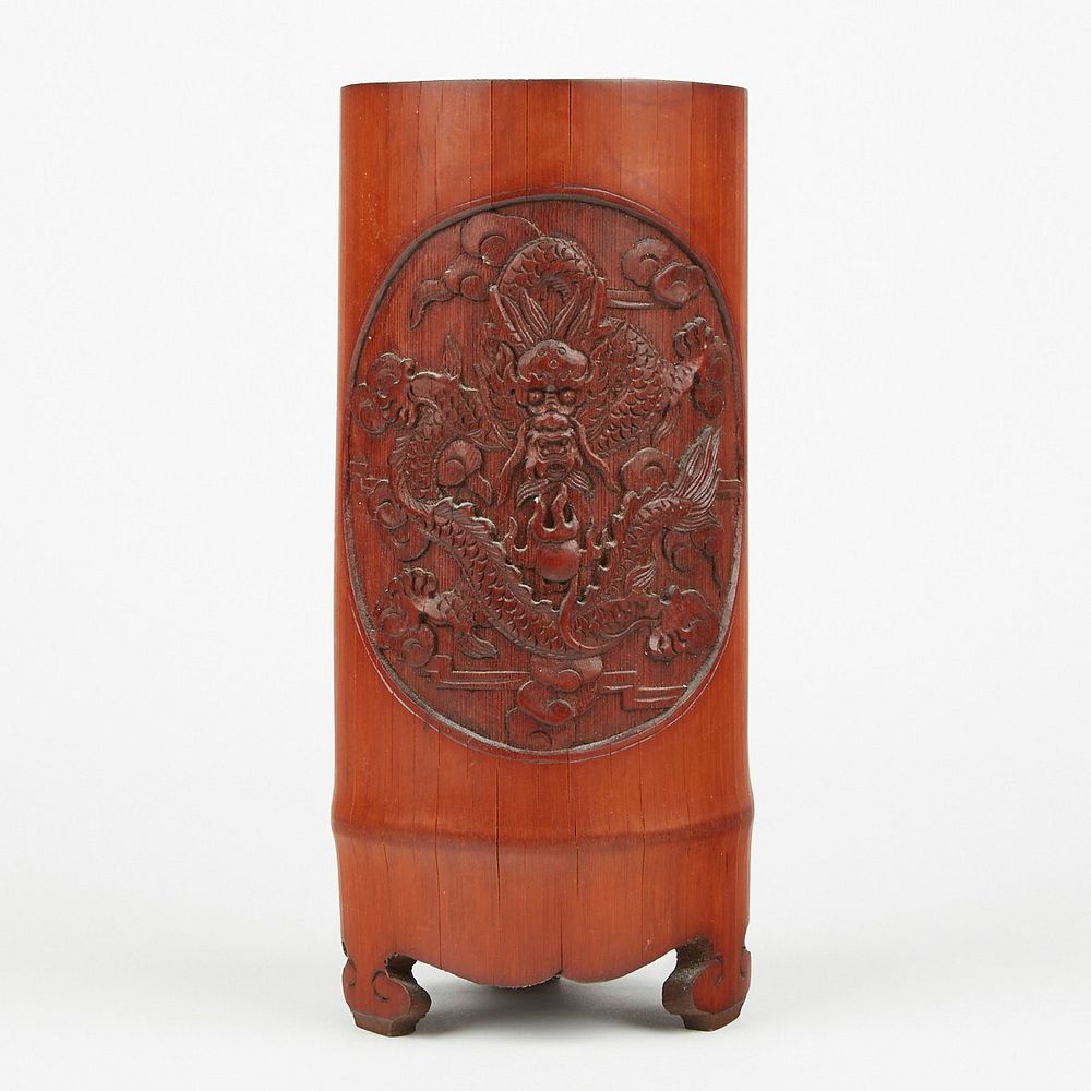 Appraisal: Chinese Bamboo Brush Holder w Dragon Chinese bamboo brush holder