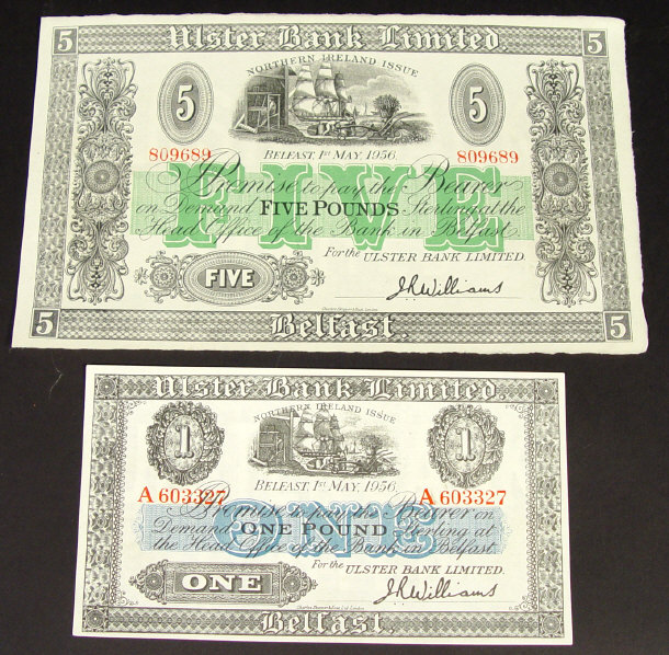 Appraisal: Two Ulster Bank Ltd bank notes of five pound and