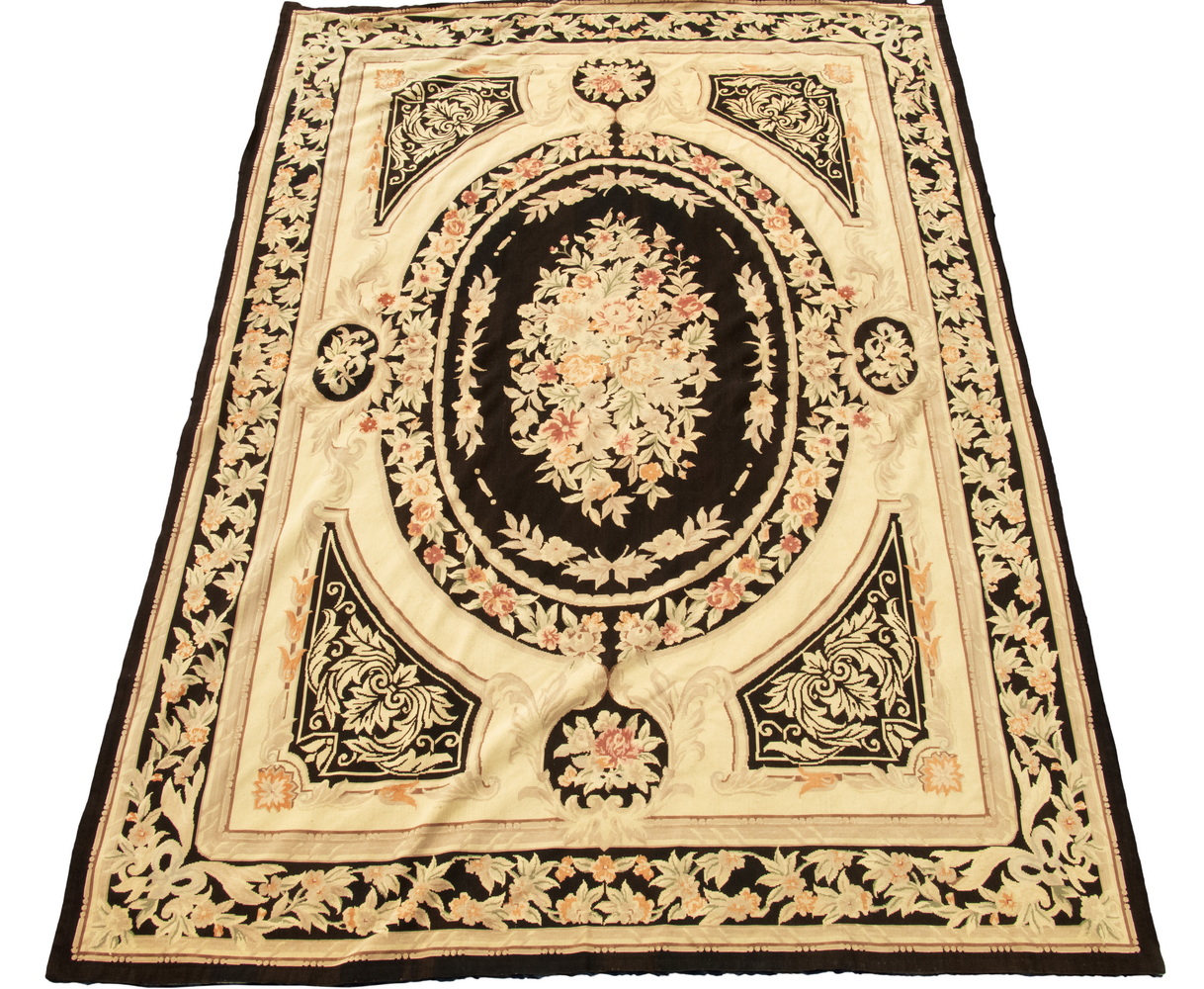 Appraisal: MACHINE MADE AUBUSSON STYLE NEEDLEPOINT RUG Tan and Black Rectangular