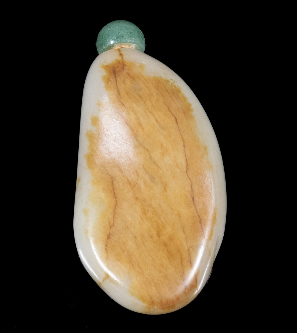 Appraisal: CHINESE JADE PEBBLE FORM SNUFF BOTTLE th c Carved Snuff