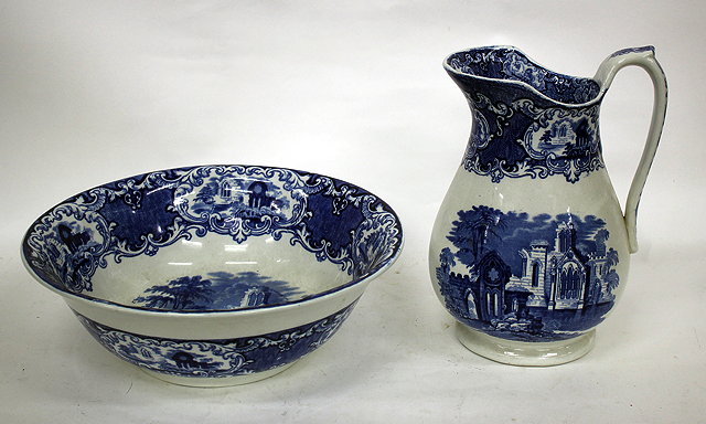 Appraisal: A VICTORIAN ABBEY PATTERN BLUE AND WHITE WASH JUG AND