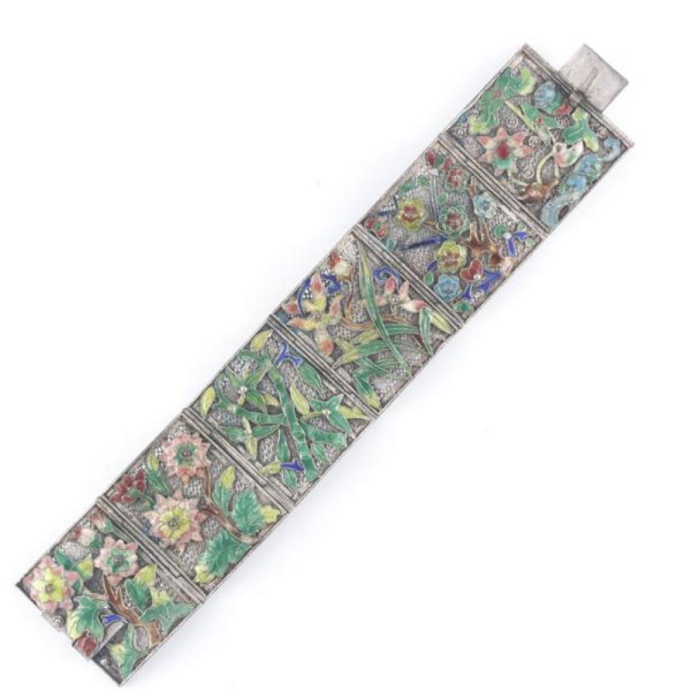 Appraisal: ANTIQUE CHINESE STERLING SILVER ENAMELED FILIGREE PANEL LINK BRACELET WITH