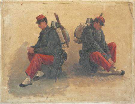 Appraisal: CONTINENTAL SCHOOL TH CENTURY A STUDY OF FRENCH SOLDIERS RESTING