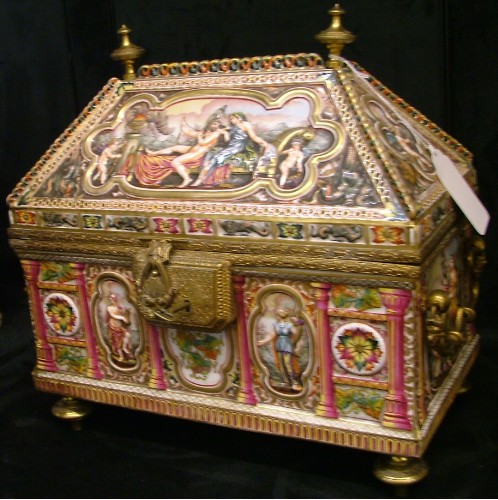 Appraisal: CAPODIMONTE DOMED VALUABLES CHEST c Raised classical figures in traditional