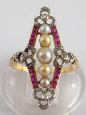 Appraisal: An antique yellow metal tests carat gold ruby untested pearl