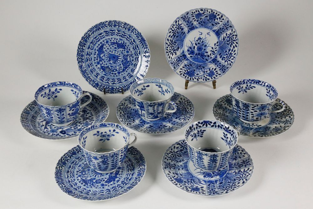 Appraisal: Five Chinese Blue and White Porcelain Teacups Saucers and Two