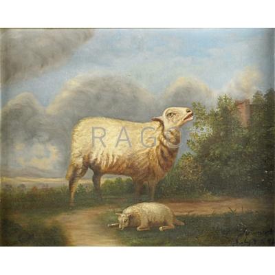 Appraisal: TH C AMERICAN LANDSCAPE Oil on canvas with sheep framed