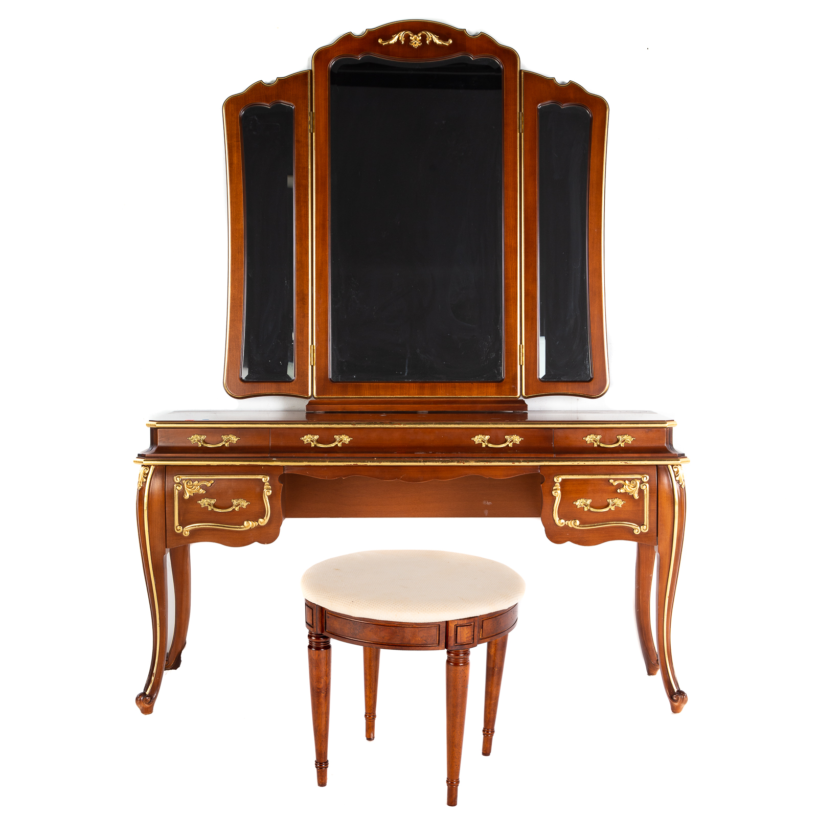 Appraisal: LOUIS XV STYLE MAHOGANY VANITY STOOL Five-drawer dressing table with