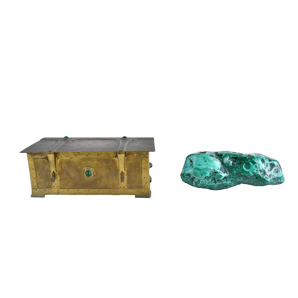 Appraisal: Brass Box with Malachite Setting Malachite Stone Grouping of Two