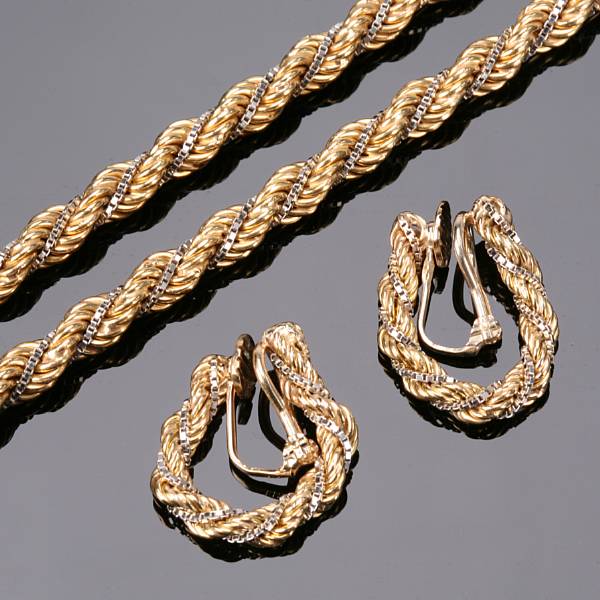 Appraisal: An k gold rope style necklace with a pair of