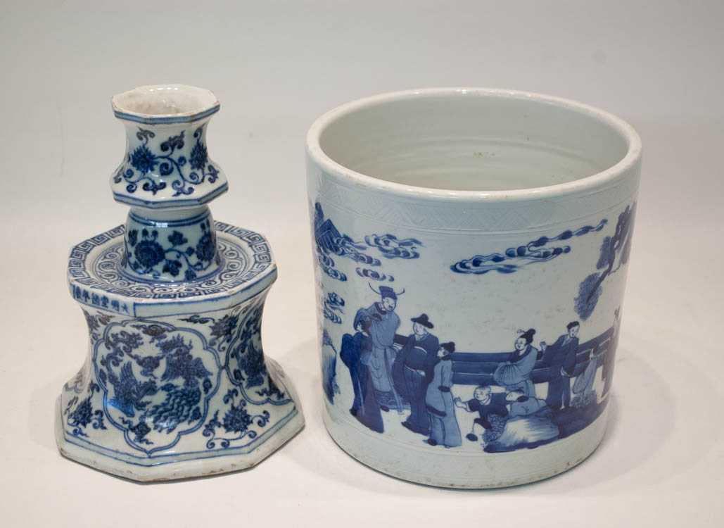 Appraisal: TWO CHINESE BLUE AND WHITE PORCELAINS a Qing brush pot