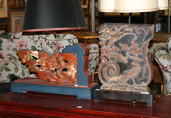 Appraisal: Two Chinese wood architectural fragments now mounted as lamp bases