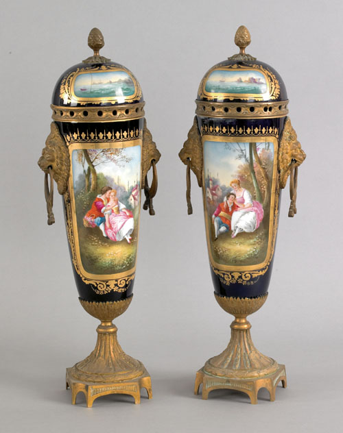 Appraisal: Pair of Sevres cobalt lidded urns late th c with