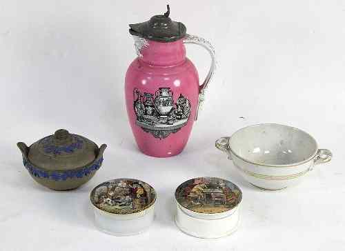 Appraisal: A prattware pot lid a pair another a pink glazed