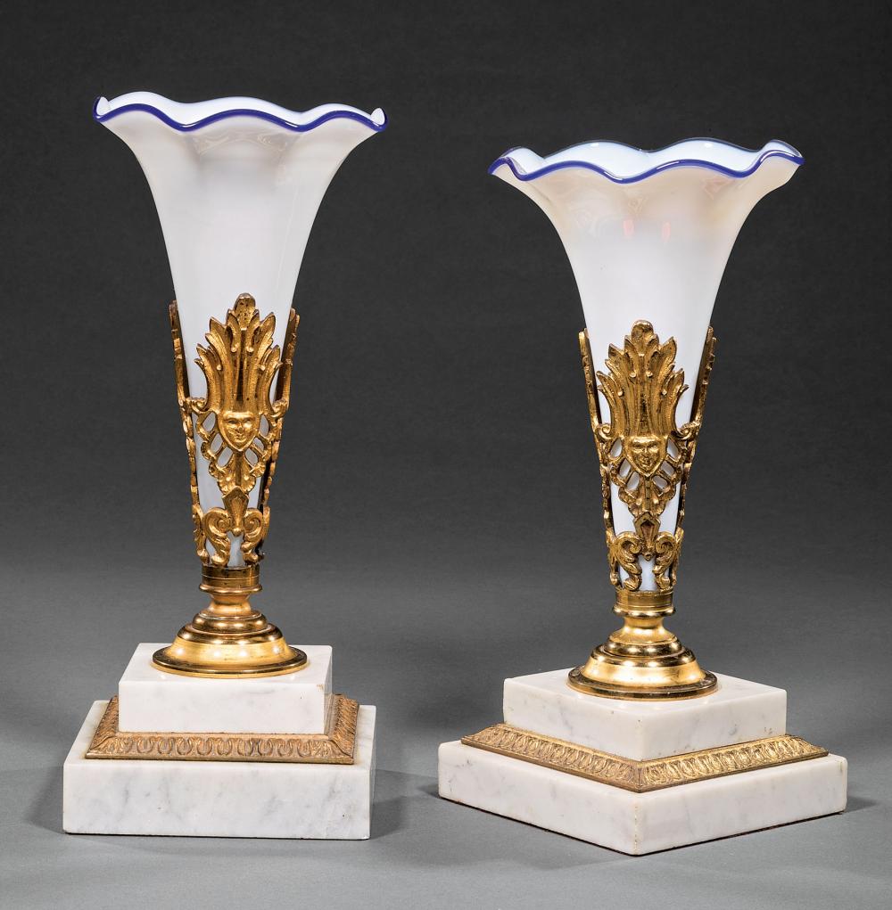 Appraisal: Near Pair of American Gilt Bronze and Opaline Glass Flare