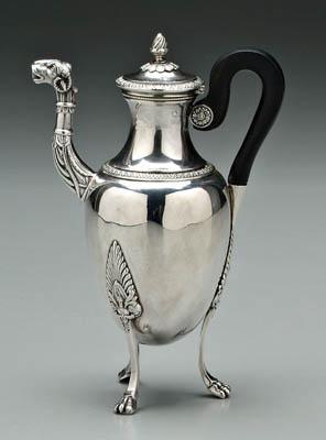 Appraisal: French silver coffeepot amphora body camel spout palm and dart