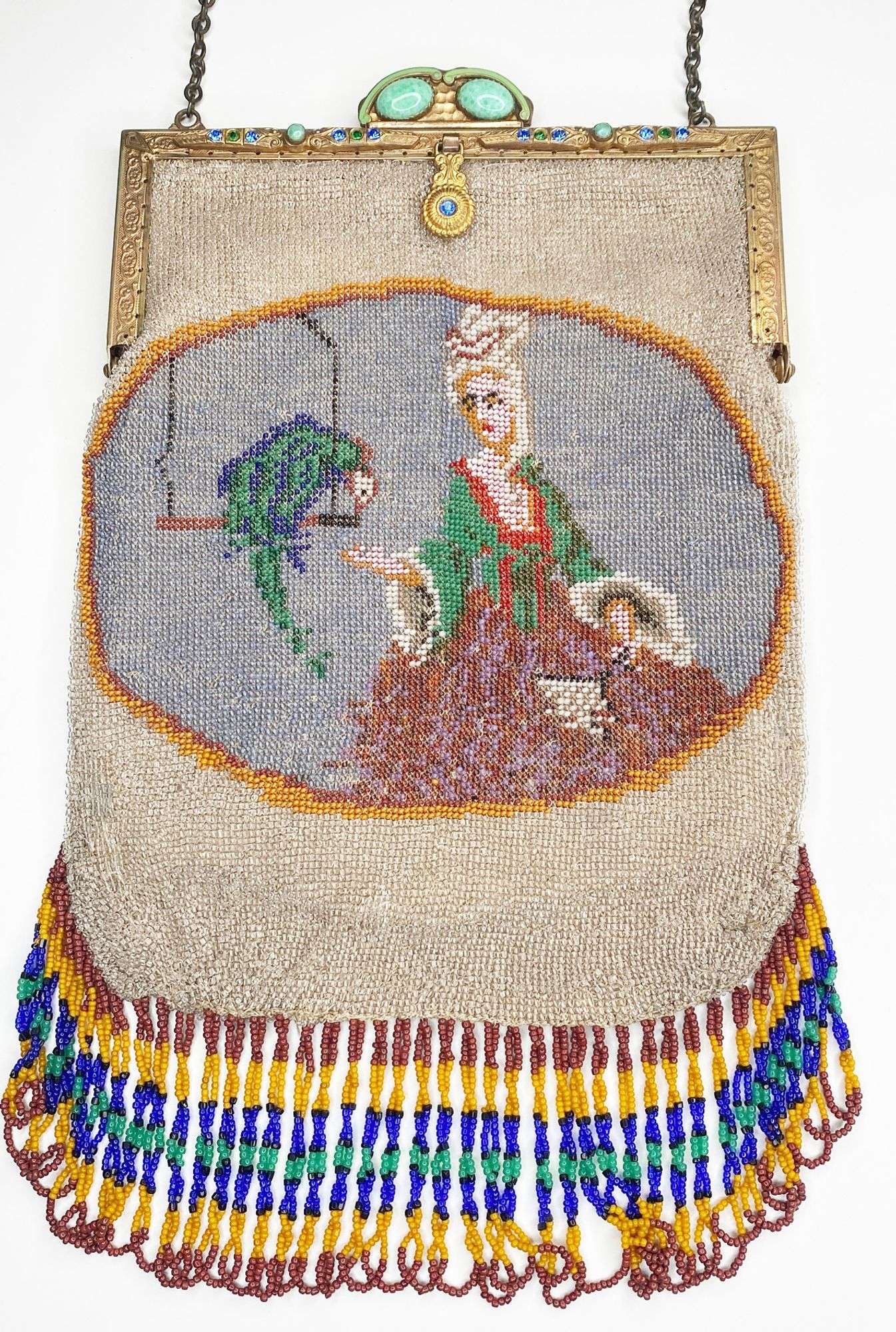 Appraisal: Micro Beaded Purse with Woman and Macaw with Jeweled Frame