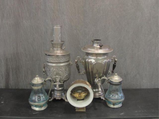 Appraisal: Misc Lot Glass Pewter Jugs Samovars along with a Ship's