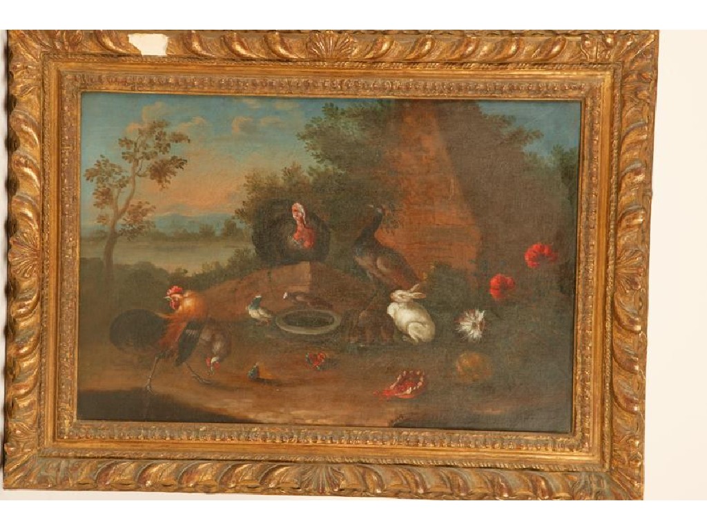 Appraisal: ANGLO-DUTCH SCHOOL th century A peacock a turkey rabbits and