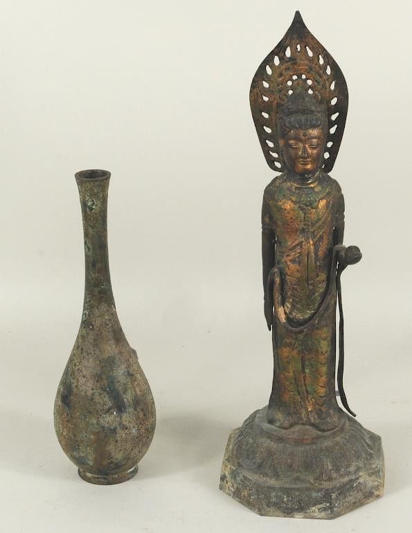 Appraisal: Two Bronze Asian Items Quan Yin Vase Two bronze Asian