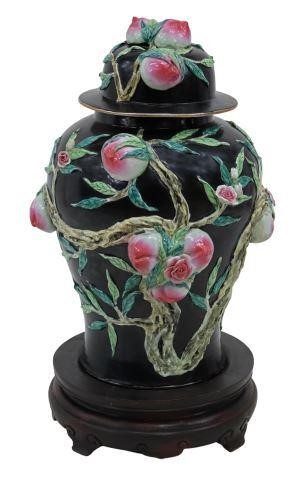 Appraisal: Large Chinese famille noir baluster form temple jar decorated with