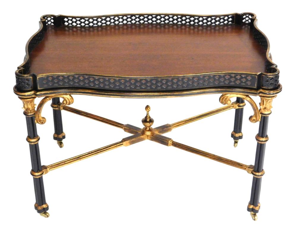 Appraisal: Reproduction Chinese Chippendale style tray table on castors ebonized finish