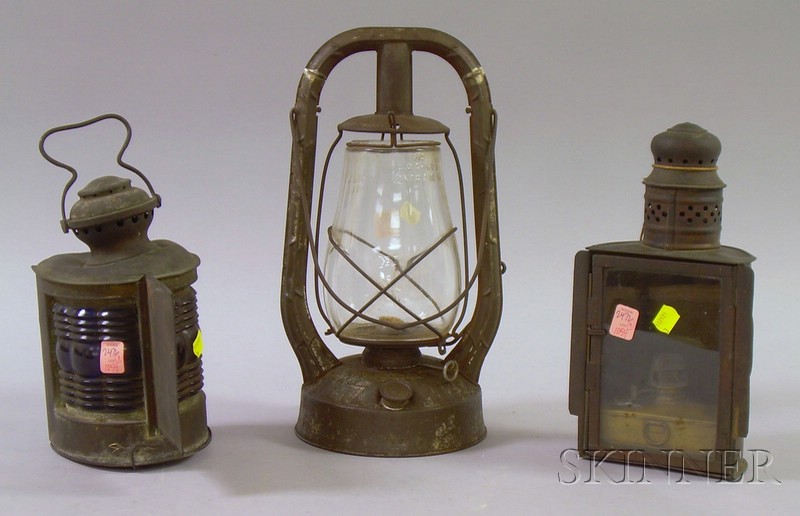 Appraisal: Three Assorted Kerosene Lanterns a Triplex brass ship's bow lantern