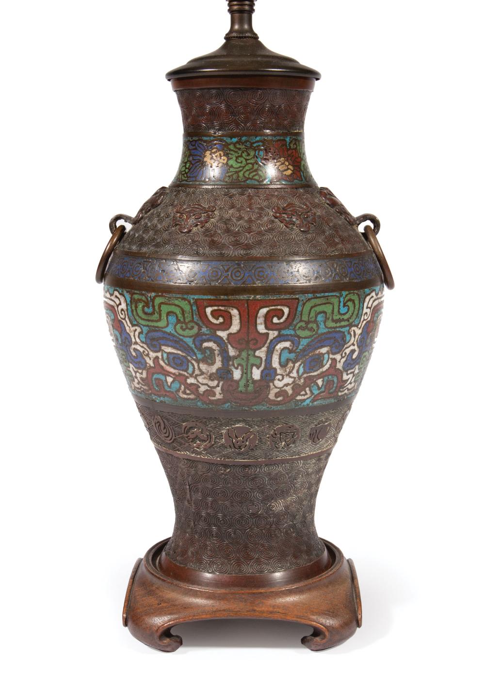 Appraisal: Asian Bronze and Cloisonne Enamel Lamp th c taotie mask