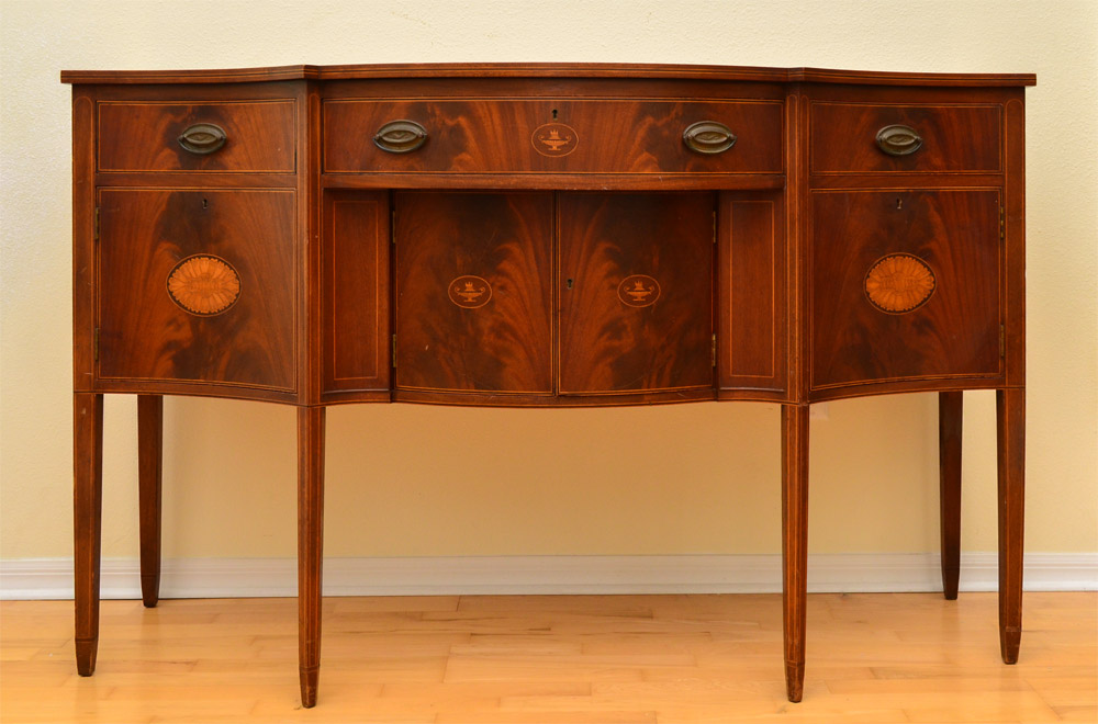 Appraisal: REGENCY STYLE INLAID MAHOGANY SIDEBOARD Shaped top over central single