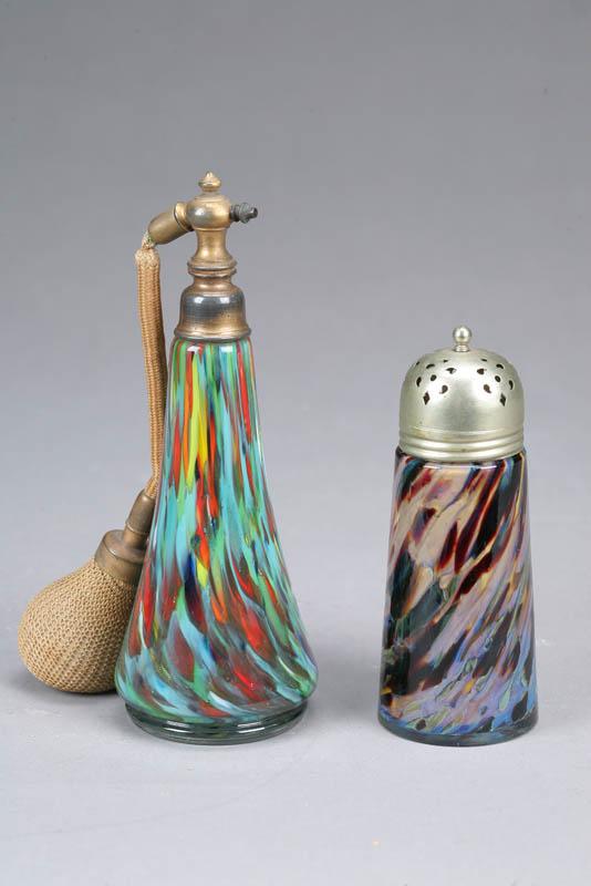 Appraisal: TWO PIECES OF GLASS Spatter glass atomizer in blues and