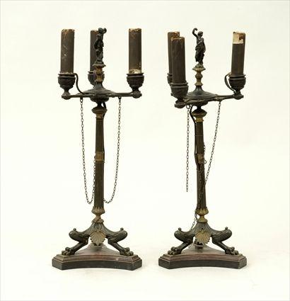 Appraisal: Pair of Pompeian-Style Parcel-Gilt and Patinated Metal Three-Light Candelabra x