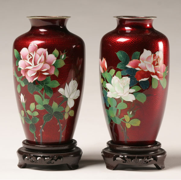 Appraisal: Pair Japanese vases cloisonne flowers over foil metal trim with