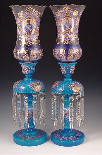 Appraisal: PAIR ENAMEL DECORATED BOHEMIAN GLASS LUSTERS Blue glass with images