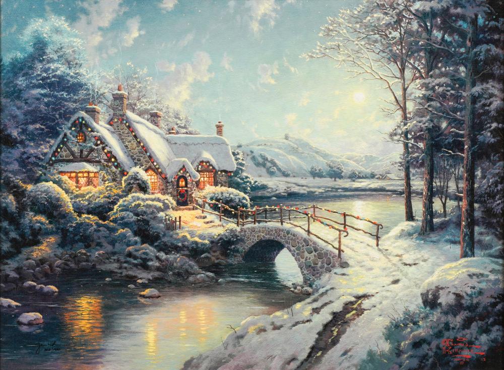 Appraisal: THOMAS KINKADE CHRISTMAS MOONLIGHT color print on canvas signed and