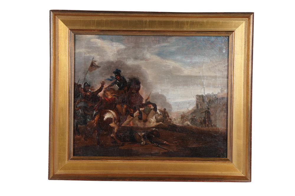 Appraisal: FRENCH SCHOOL BATTLE SCENE oil on canvas Condition relined to