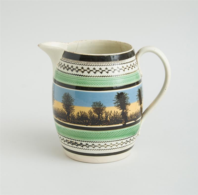 Appraisal: ENGLISH MOCHAWARE PITCHER The barrel-from body with three rouletted green