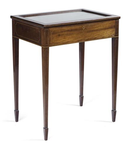 Appraisal: EDWARDIAN MAHOGANY AND INLAID BIJOUTERIE TABLE CIRCA the glass inset