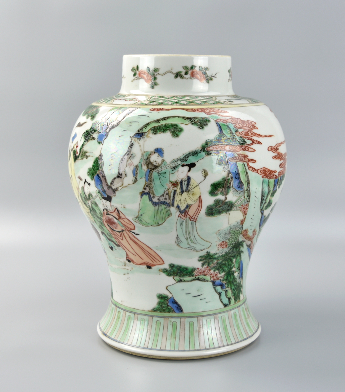 Appraisal: CHINESE FAMILLE VERTE JAR W EIGHT IMMORTALS Chinese robustly potted